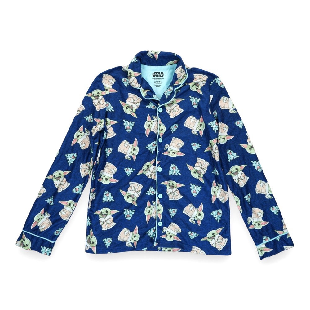 NWT Star Wars Mandalorian Top Pajama  Kids Flannel Button Up Blue‎ Large